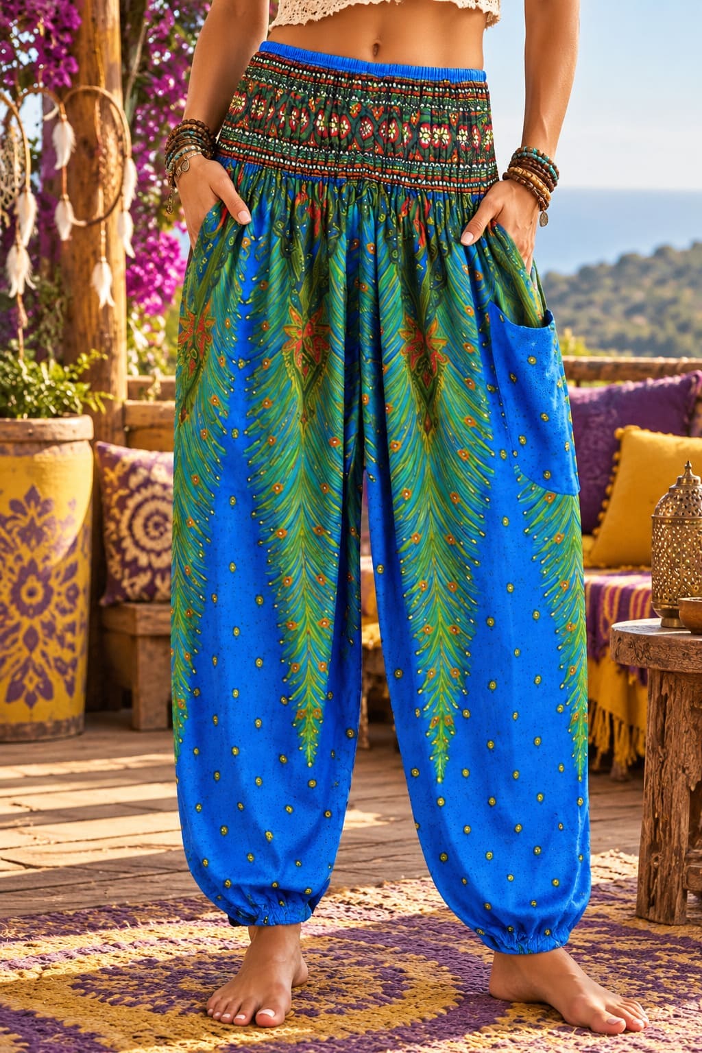 Pantalon Fluide Hippie – Bleu et Vert