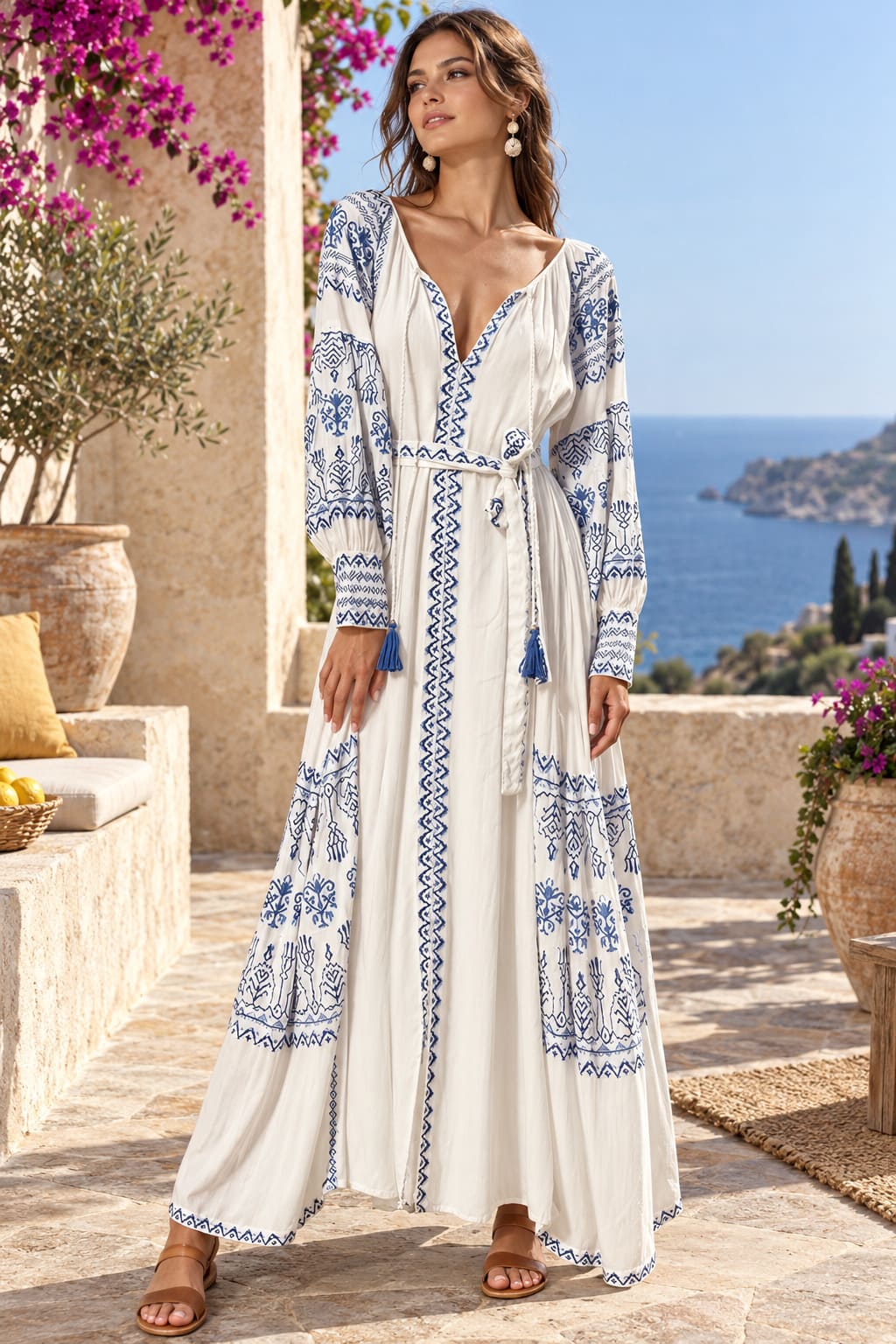 Robe Hippie Chic Brodée - Blanche et Bleue