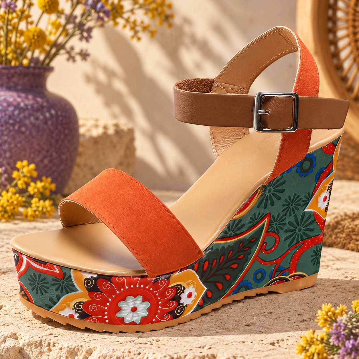 Sandale Hippie Florale - Talon Compensé
