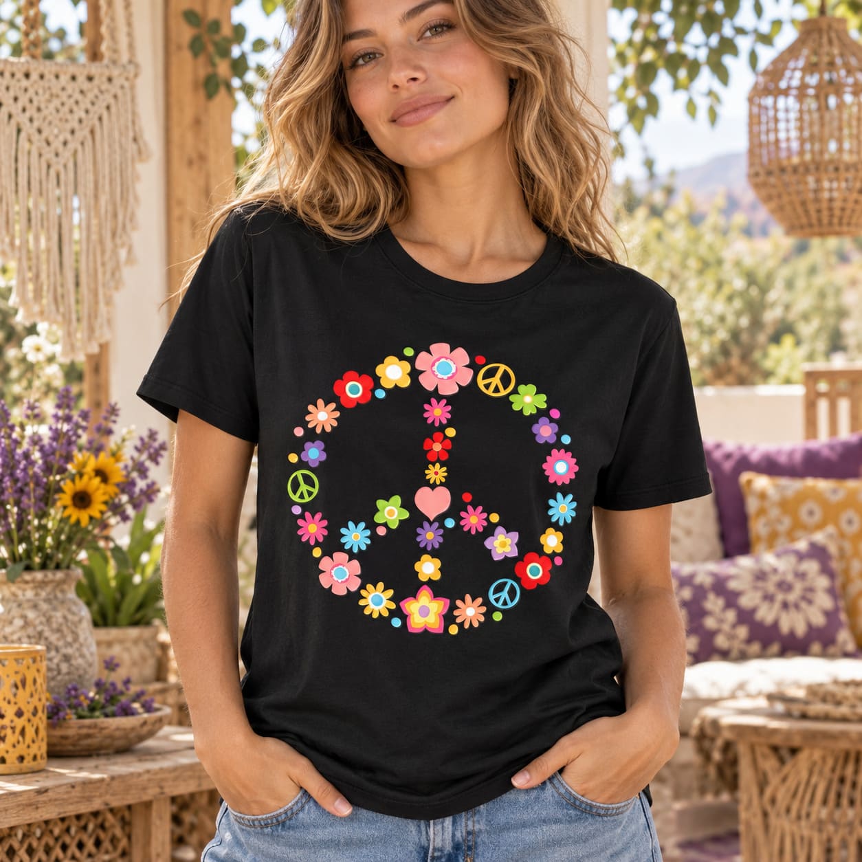 T-Shirt Peace and Love à Fleurs