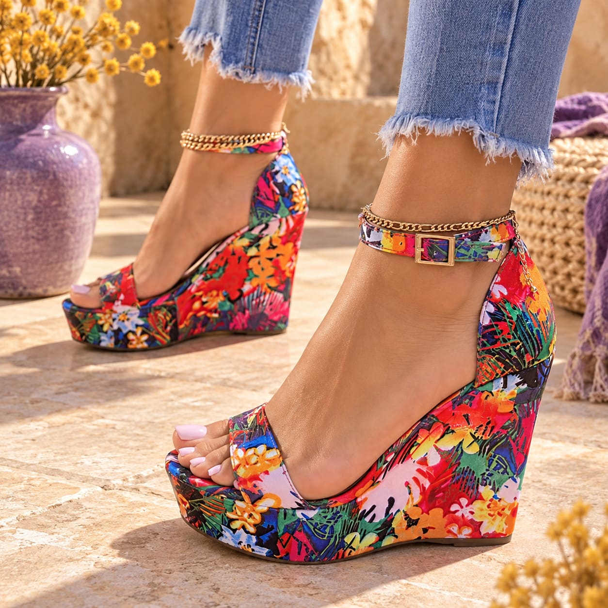 Talon Haut Hippie - Fleurs Colorées