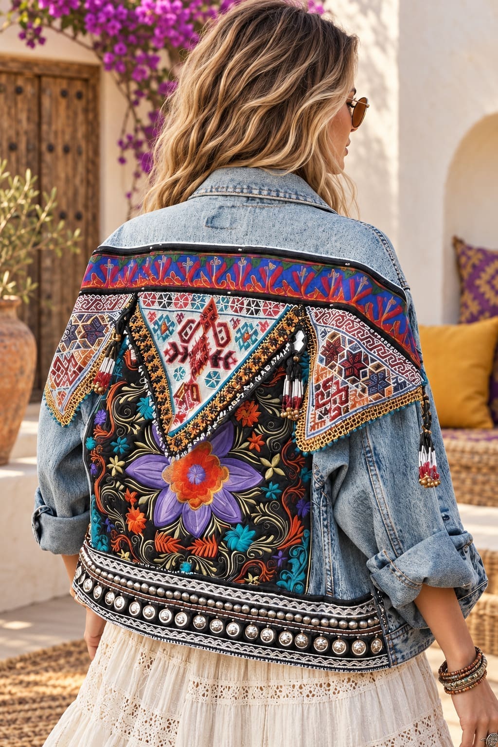 Veste en Jean Hippie - Fleurs Brodées dans le Dos
