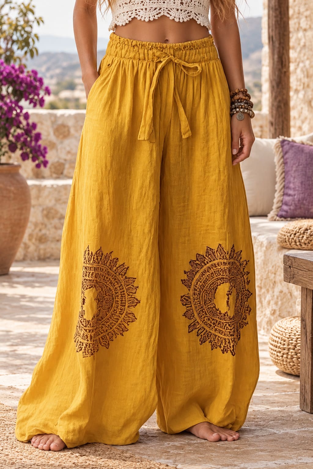 Pantalon Hippie Ethnique Ample Jaune