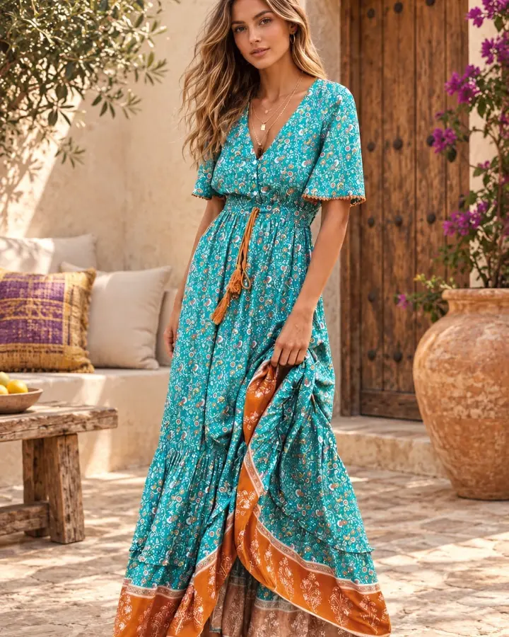 Robe hippie indienne longue turquoise à volants et bordure orange