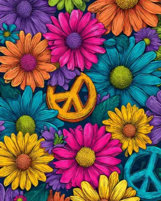 Tableau flower power aux fleurs et signes de paix