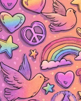 Tableau peace and love pastel aux cœurs, colombes et arcs-en-ciel