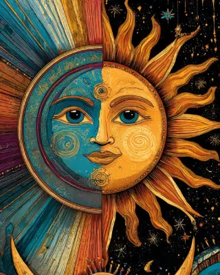 Tableau hippie soleil et lune aux tons dorés