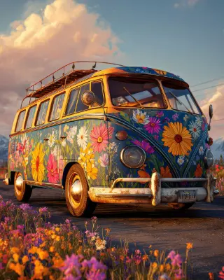 Tableau hippie d’un van fleuri sous un ciel d’été