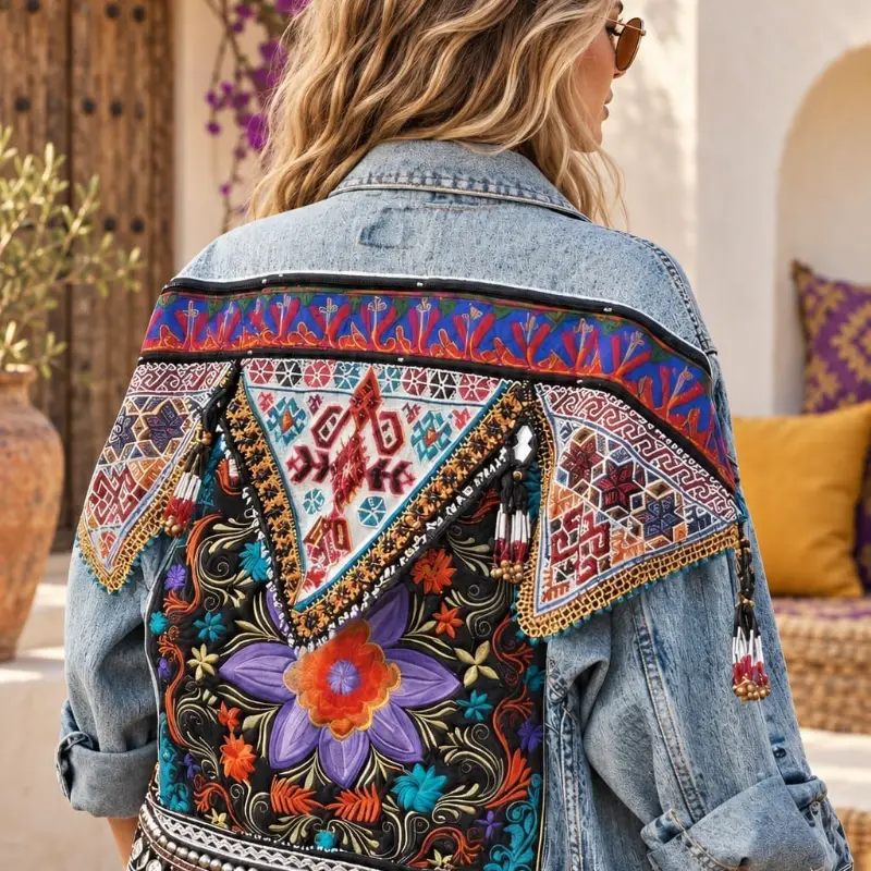 Veste en jean hippie au dos brodé de fleurs et de motifs ethniques colorés